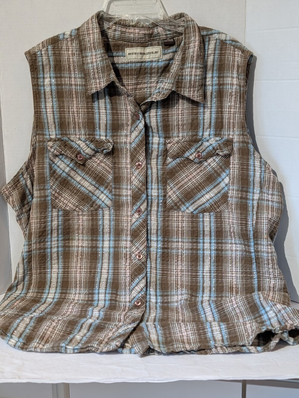Bit And Bridle Women's 2x Sleeveless Western Shirt Plaid Metallic Cotton